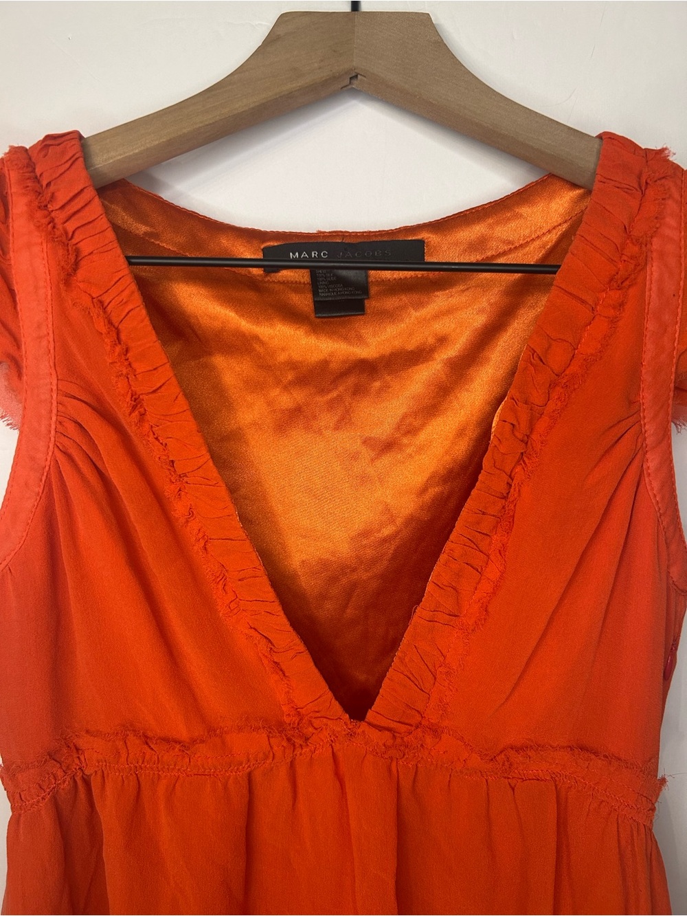 Marc Jacobs Vintage Silk Orange Ruffle V Neck Dress, Size 0 - Picture 3 of 10